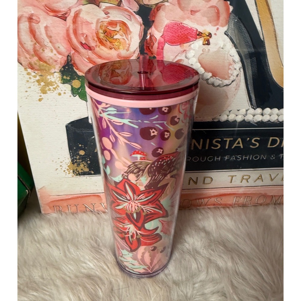 Starbucks Floral Botanical Cold Cup Tumbler 24oz Pink Red Purple with Straw